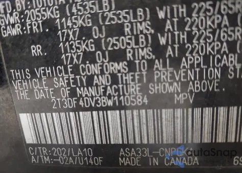 2011 Toyota Rav4 Limited z USA, uszkodzony, nr VIN 2T3DF4DV3BW110584